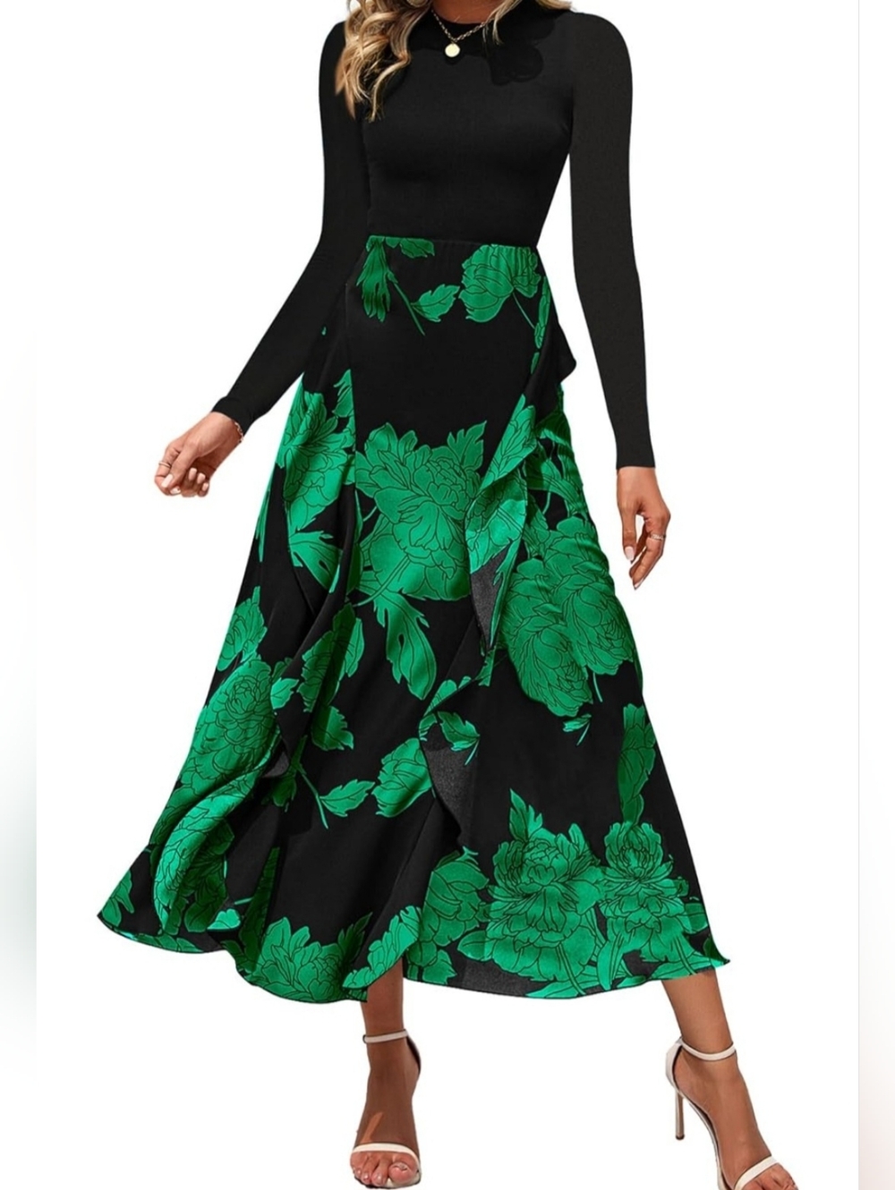 BTFBM Black & Green Floral A-Line Maxi Dress S
